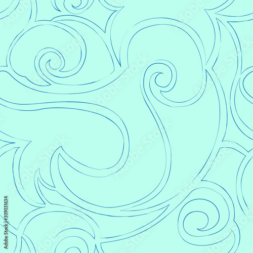 Seamless turquoise vector pattern of spirals and waves. The texture in a linear style for textiles and packaging.