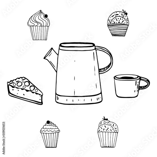 Set with teapot, mug, cupcakes, cake. Black lines, sketch, Doodle, on white background. For decoration of the menu of restaurants and cafes, coffee shops.