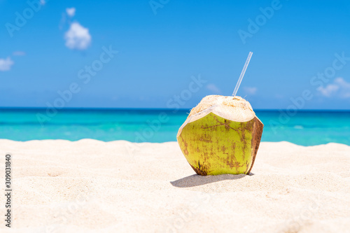 Fresh Coconut on white Caribbean Beach photo