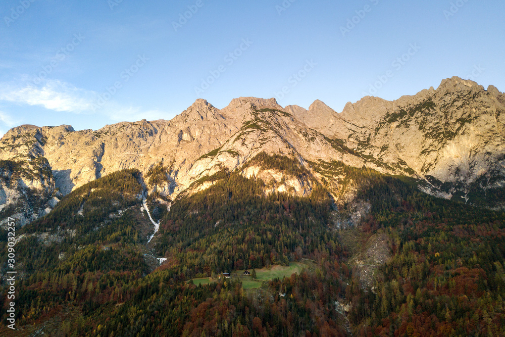 Aerial view of majestic european Alps mountains covered in evergreen pine forest in autumn.