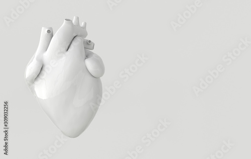 Realistic human heart organ with arteries and aorta 3d rendering. Happy Valentines Day greeting card. Romantic background. White ceramic heart photo