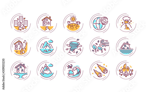 Natural disasters color line icons set. A major adverse event resulting from natural processes of the Earth. Pictogram for web page, mobile app, promo. UI UX GUI design element. Editable stroke.