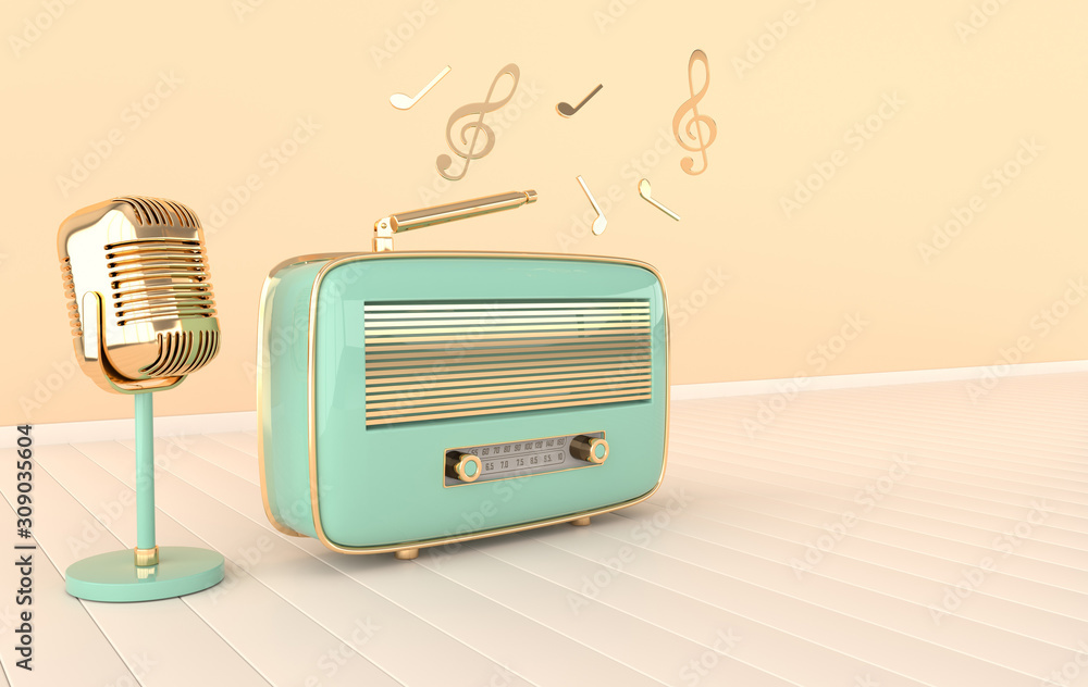 Vintage style radio receiver and microphone. Pastel colors and golden  details. Retro radio and mic realistic 3d render. Music lover minimalistic  background Stock Illustration | Adobe Stock