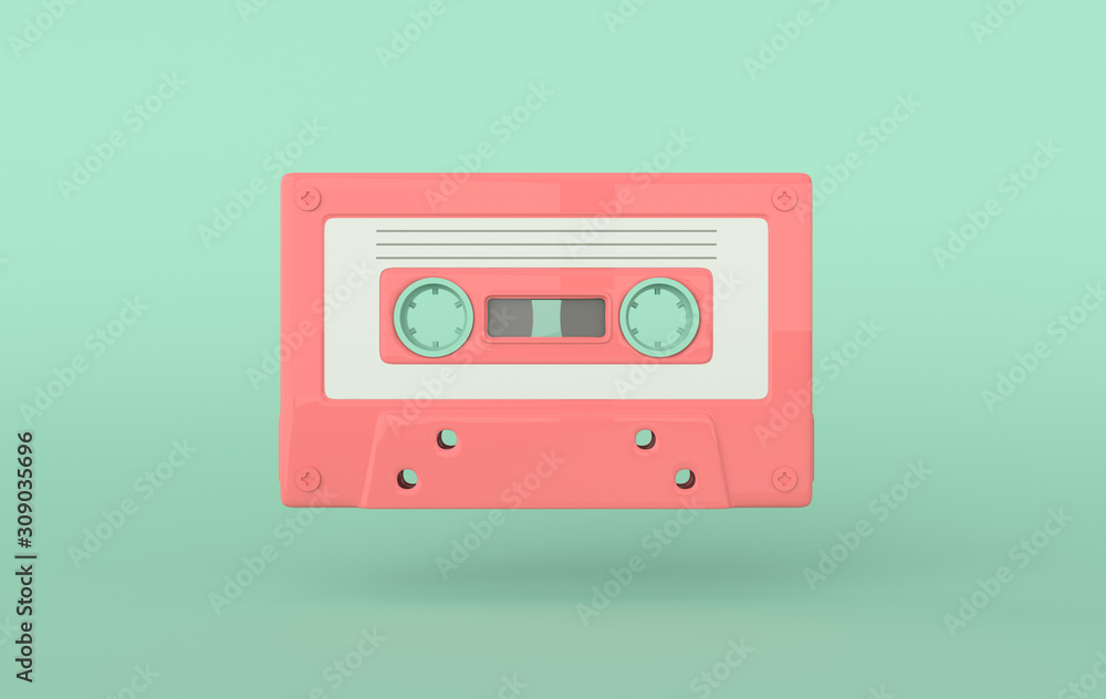 Retro audio cassette 3d render. 70s, 80s, 90s years popular audio tape. Music minimalism concept, pastel colors Retro audio cassette 3d render. 70s, 80s, 90s years popular audio tape. Music minimalism concept, pastel colors
