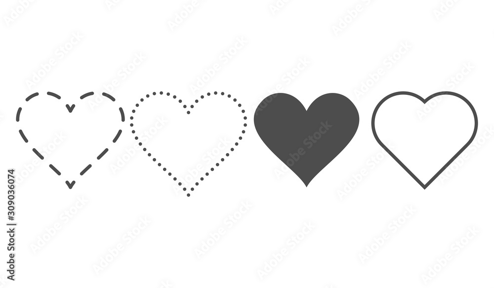Heart icon set. Outline love vector signs isolated on a background. Gray black graphic shape and dashed dot line art for romantic wedding or valentine gift - obrazy, fototapety, plakaty 