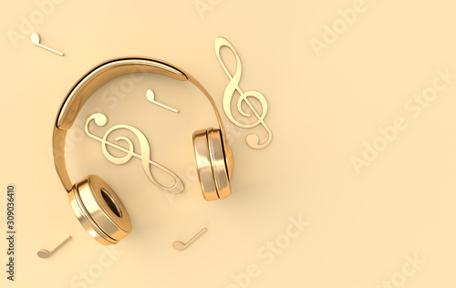 Headphones realistic 3d render. Music lover minimalistic background with golden wireless audio earphones