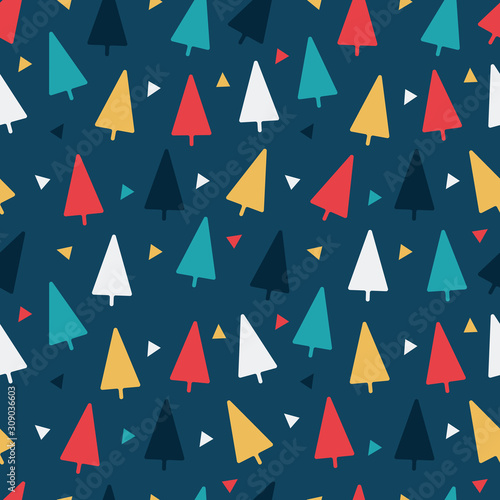 Colorful geometric vector seamless pattern with illustration of triangles and blue background