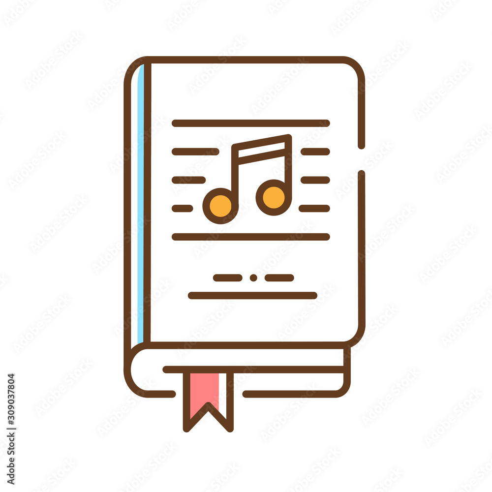 Music book color line icon. Basic knowledge about music, notes, instruments. Matherial for musical theme. Pictogram for web page, mobile app, promo. UI UX GUI design element. Editable stroke. Music book color line icon. Basic knowledge about music, notes, instruments. Matherial for musical theme. Pictogram for web page, mobile app, promo. UI UX GUI design element. Editable stroke.
