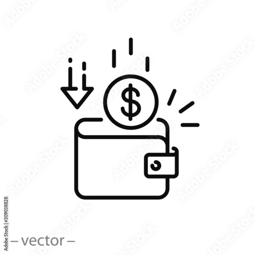 cashback icon, return money, cash back rebate, thin line web symbol on white background - editable stroke vector illustration