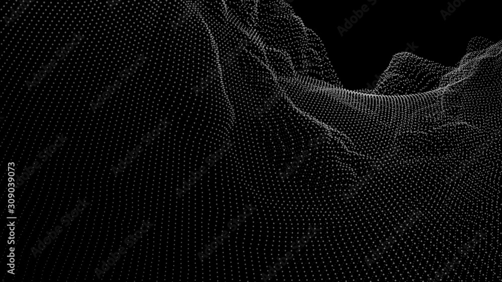 Abstract dynamic wave of many points. Big data. Low poly shape. Shining particles. Futuristic background. Vector.