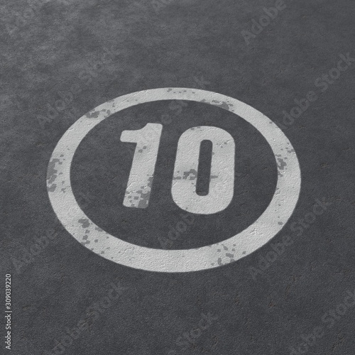 10 speed limit. Sign painted on asphalt. 3d illustration