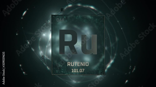 Ruthenium as Element 44 of the Periodic Table. Seamlessly looping 3D animation on green illuminated atom design background with orbiting electrons. Name, atomic weight, element number in Spanish langu photo