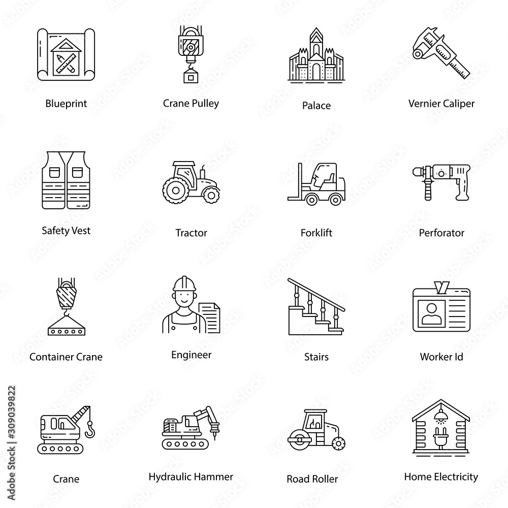 Constructional Vehicles Line Icons Pack 