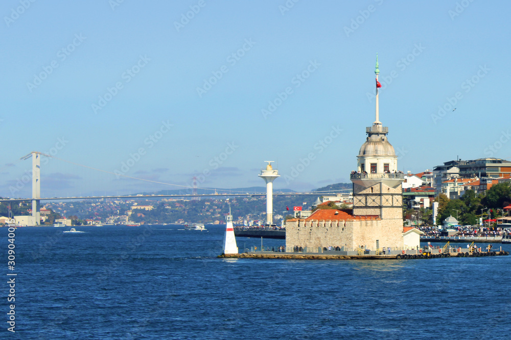 Maiden's tower in Istanbul, historical tower on the Bosphorus sea