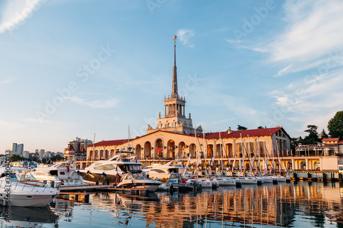 Seaport with luxury yachts in Black sea at sunset