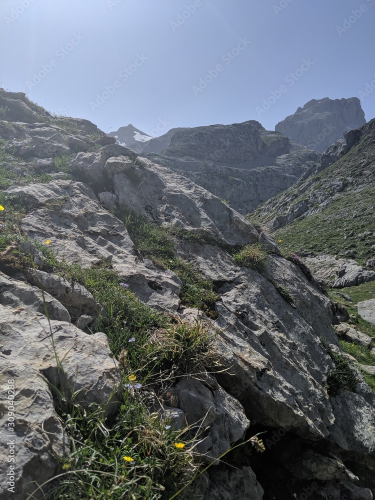 Obraz premium Mountains With Grass and Rocks in Spain, Los Picos de Europa, the Peaks of Europe