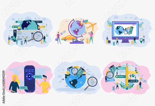 Travel agency. People who are looking for a flight schedule using a computer, booking hotels, booking air tickets on the Internet. Planning a trip. Metaphor of tourist travel