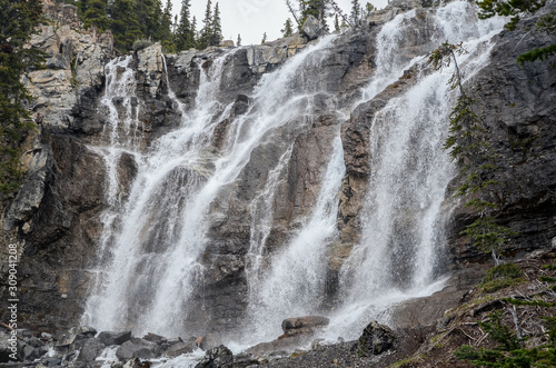 Multiple cascades of wide Tangle Falls in Jasper National Park, Alberta, Canada