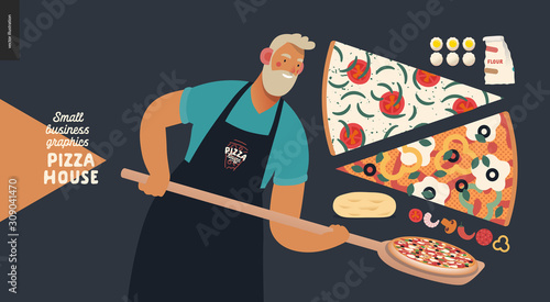 Pizza house -small business graphics -baker. Modern flat vector concept illustrations -a bearded man wearing a black branded apron with a wooden peel, putting pizza into the oven, slices, ingredients