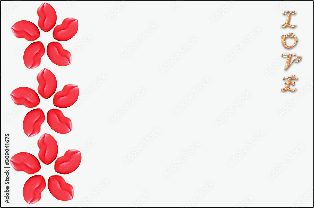 Gingerbread red lips on Valentine's Day. White background Gingerbread red lips on Valentine's Day. White background
