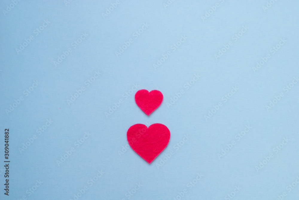 pink hearts on blue background, flatlay, St Valentine's composition