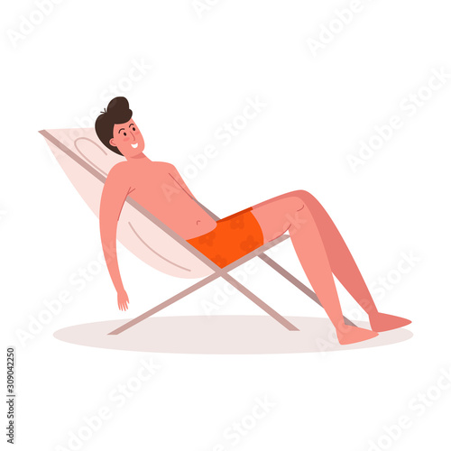 The young man in orange shorts sits on the chaise-longue chair and relaxing. Vector colorful illustration in cartoon style