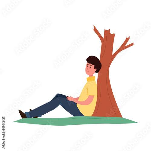 The young man sitting under a tree relaxes. Vector colorful illustration in cartoon style