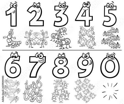 cartoon numbers set coloring book with insects