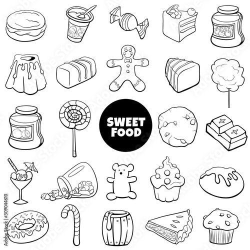 black and white cartoon sweet food objects set