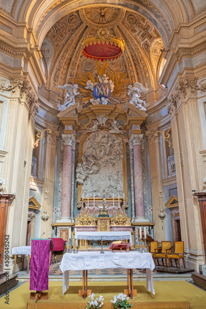 TURIN, ITALY - MARCH 14, 2017: The baroque presbytry in church Basilica di Superga with the relief of Madonna in Glory by Bernardino Cametti (1669 – 1736).