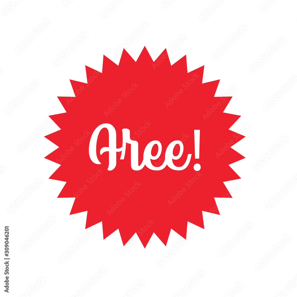 Free! badge banner. Attention grabber design element. Star label for marketing offer. Free! badge banner. Attention grabber design element. Star label for marketing offer.