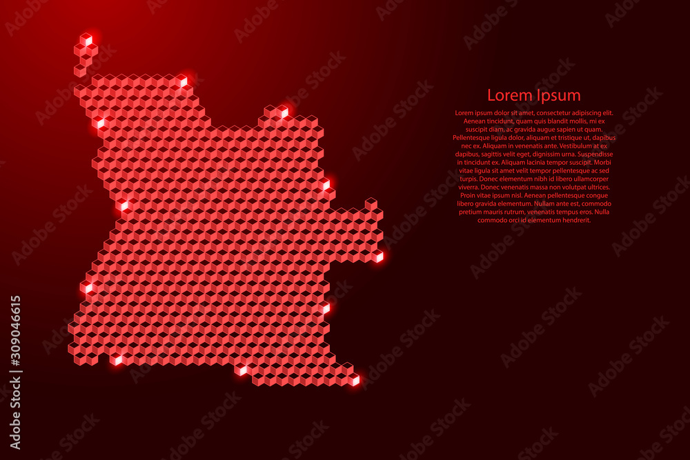 Angola map from 3D red cubes isometric abstract concept, square pattern, angular geometric shape, for banner, poster. Vector illustration.