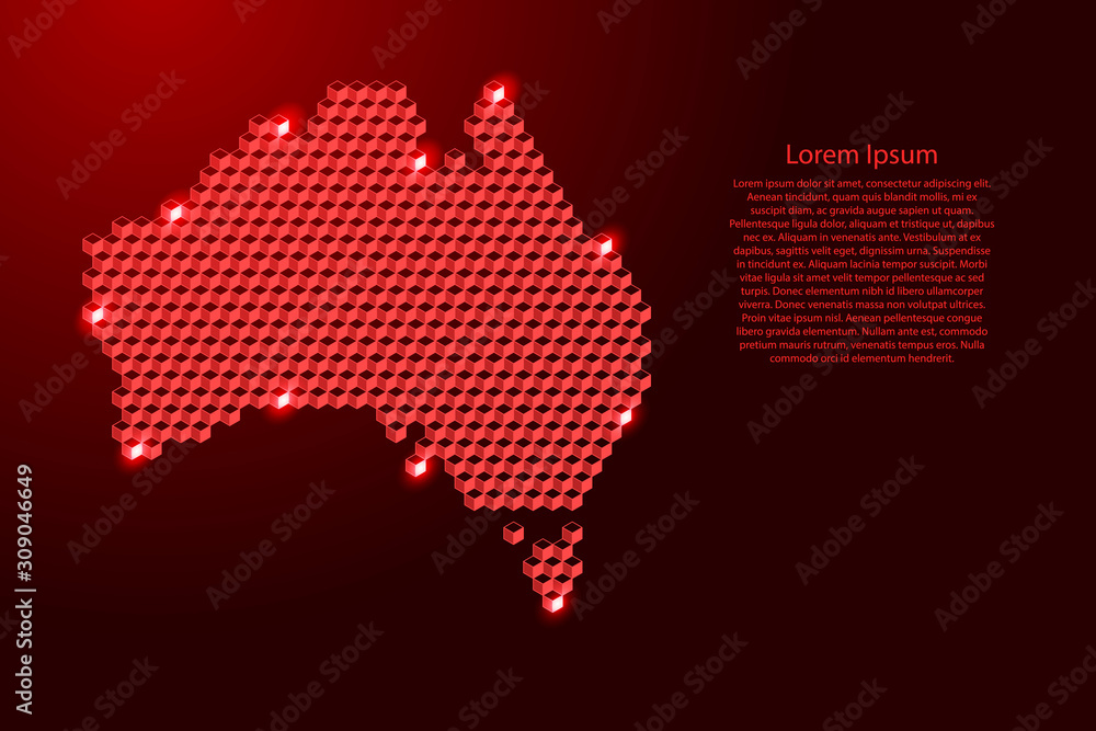 Australia map from 3D red cubes isometric abstract concept, square pattern, angular geometric shape, for banner, poster. Vector illustration.