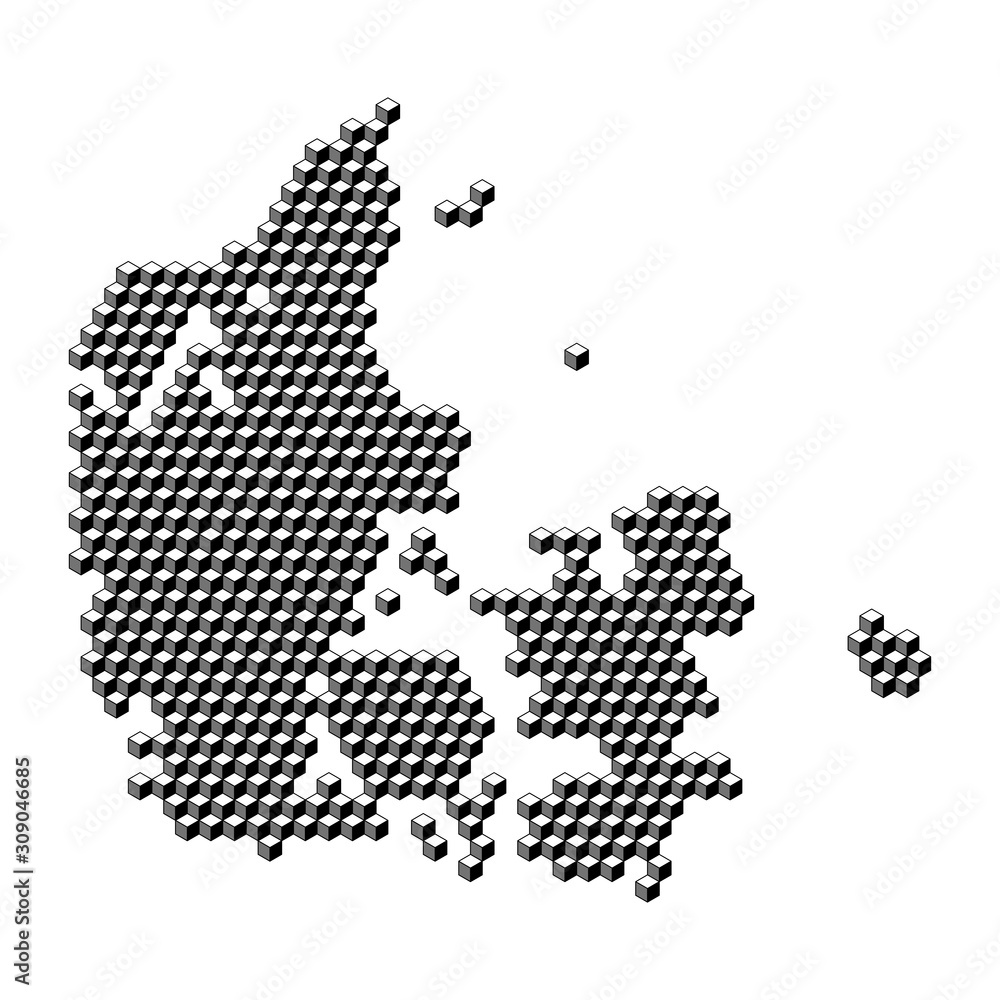 Denmark map from 3D black cubes isometric abstract concept, square pattern, angular geometric shape. Vector illustration.