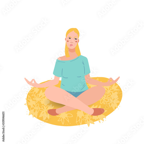 Young pretty woman performing yoga exercise. Female cartoon character sitting in lotus posture and meditating vipassana