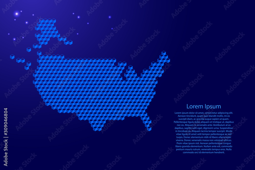 United States of America USA map from 3D blue cubes isometric abstract concept, square pattern, angular geometric shape, glowing stars. Vector illustration.