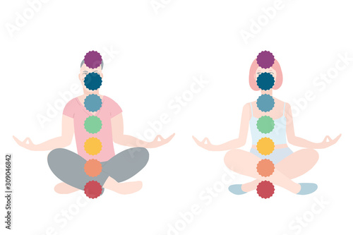 Meditating mens and women in lotus pose performing vipassana. Female and male cartoon character sitting in yoga posture
