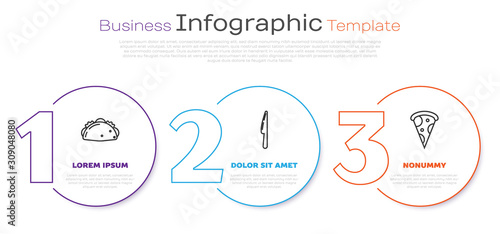 Set line Taco with tortilla, Knife and Slice of pizza. Business infographic template. Vector