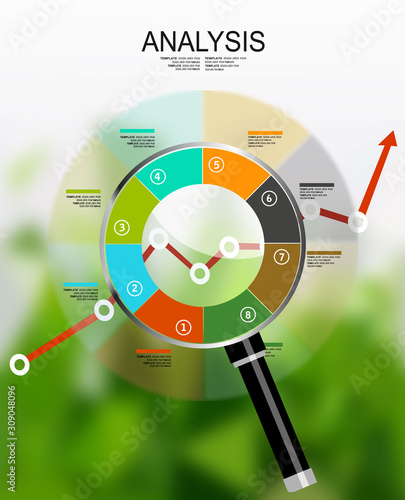 ANALYSIS. business infographics, statistics data, magnifying lens, financial analytics, business concept.