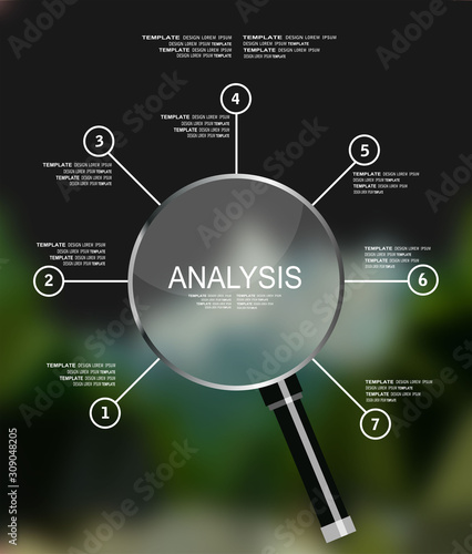 ANALYSIS. business infographics, statistics data, magnifying lens, financial analytics, business concept.