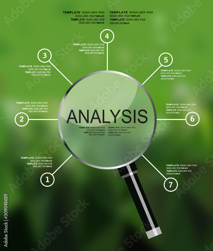 ANALYSIS. business infographics, statistics data, magnifying lens, financial analytics, business concept.