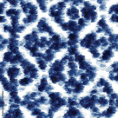 Grungy distressed tracery indigo blue shibori tie dye pattern. Seamless repeat vector pattern swatch.