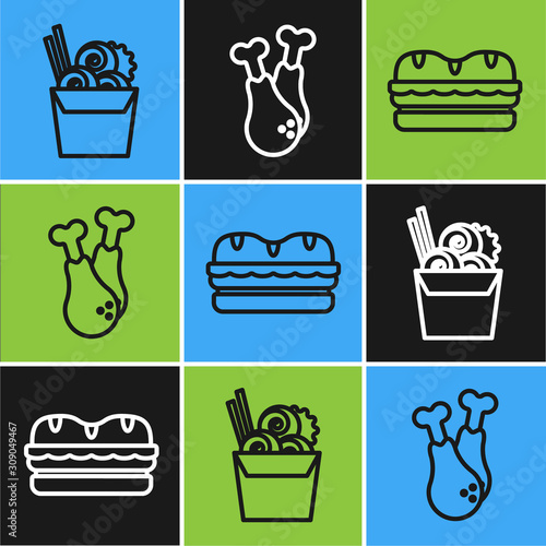 Set line Asian noodles in paper box and chopsticks, Sandwich and Chicken leg icon. Vector