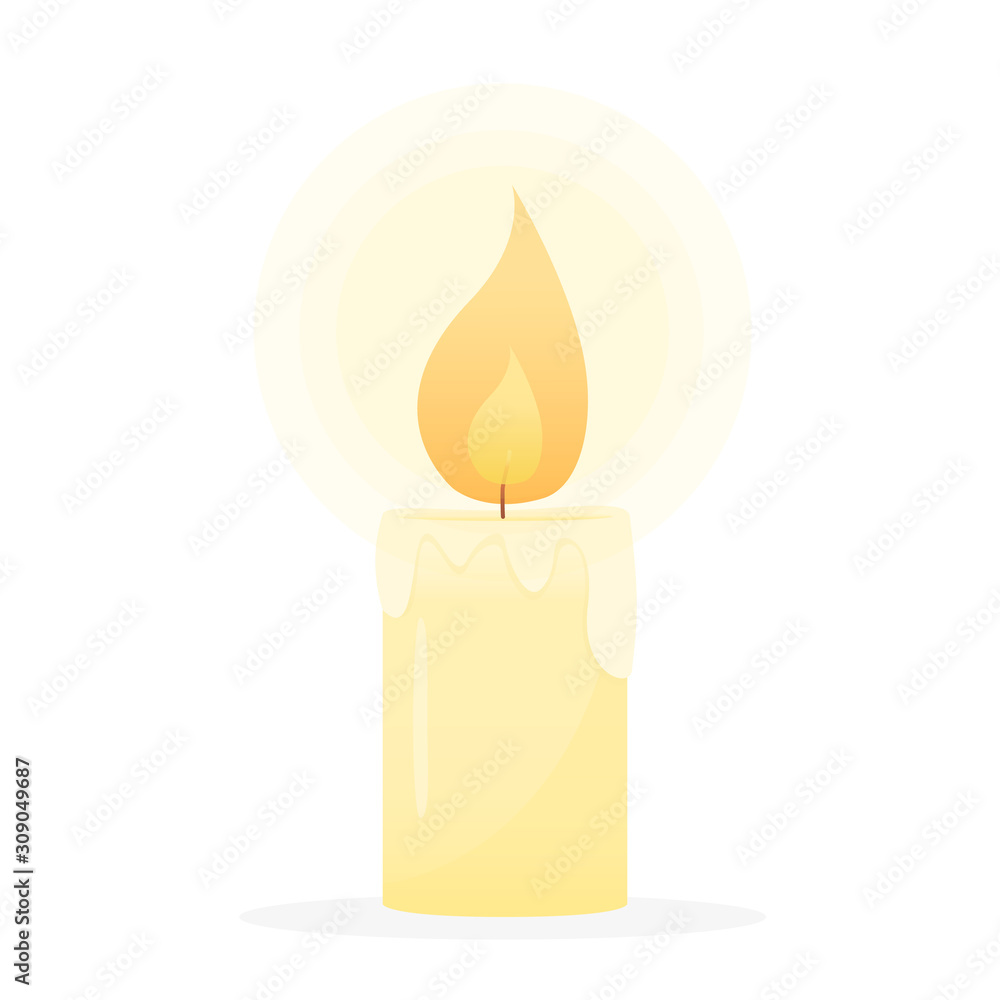 Fototapeta premium Burning candle isolated on white background. Vector illustration in flat style.