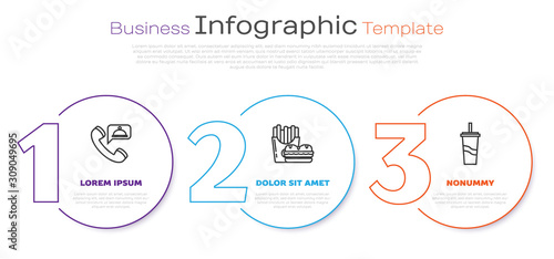 Set line Food ordering, Burger and french fries in carton package box and Paper glass with drinking straw and water. Business infographic template. Vector