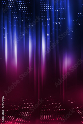 Neon lights background. Abstract background, neon lines. Dark empty scene, neon. Abstract futuristic neon background. Searchlight light, wet asphalt, smoke, night view, rays.