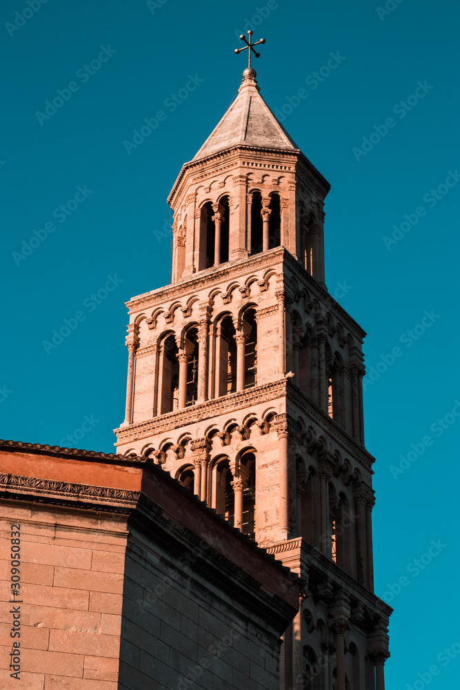 Belltower of Saint Dominus cathedral in split,croatia on a bright day