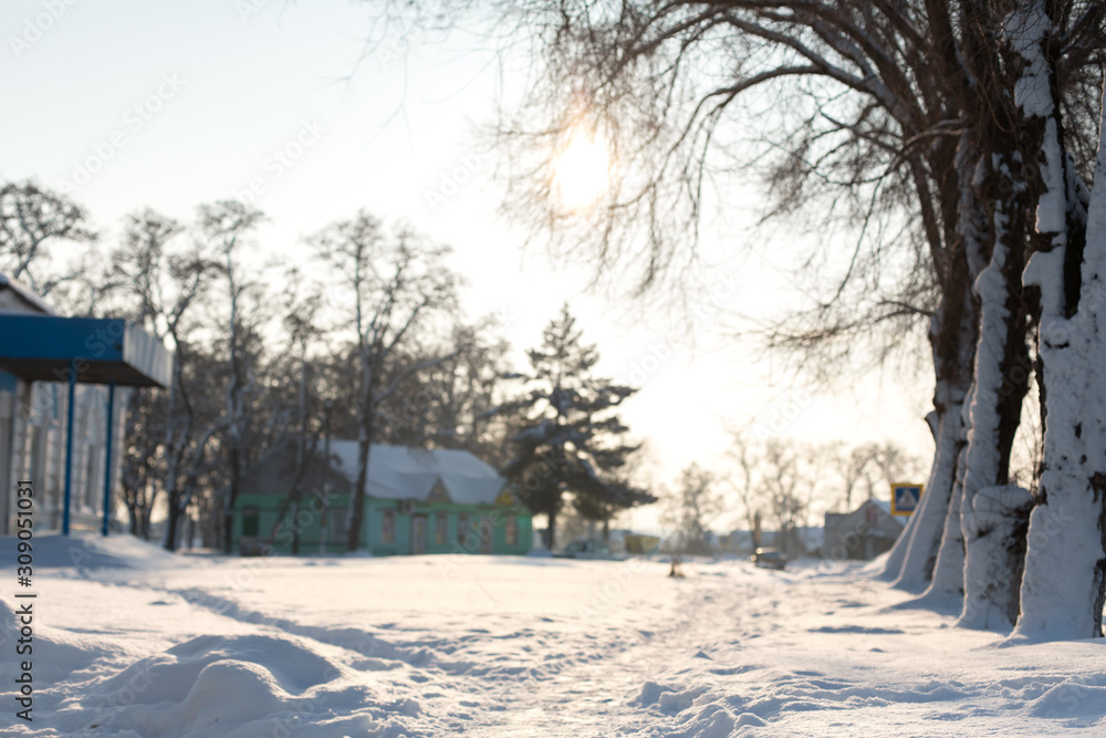 Fototapeta premium Winter poorly cleared road. Road in the countryside strewn with snow. Winter landscape with snowdrifts