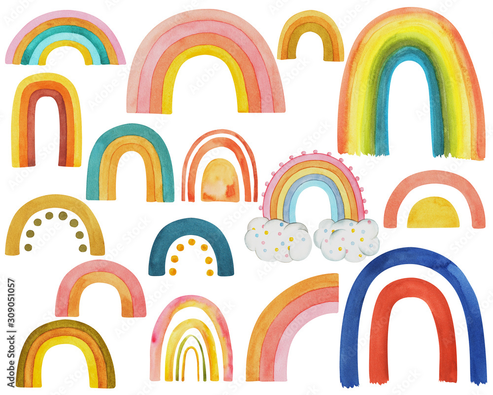 Watercolor set, collection of rainbows on isolated white background, watercolor hand drawing. Stock illustration for design Watercolor set, collection of rainbows on isolated white background, watercolor hand drawing. Stock illustration for design