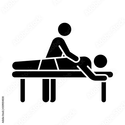 Massage glyph icon. Spa center services. Medical procedure. Back pain relief. Healthcare. Physical treatment. Injury healing. Silhouette symbol. Negative space. Vector isolated illustration